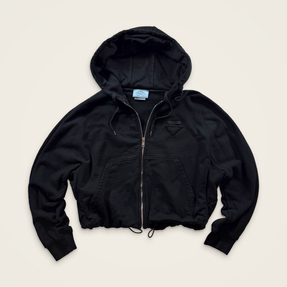 Prada Cropped Zip Up Hoodie Black Triangle Logo Cinched Hem Never Worn Size M
